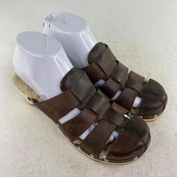 Ugg Australia Ore Fisherman Clogs US 7 Brown Leather Sherpa Lined Wooden Mules - Picture 3 of 11